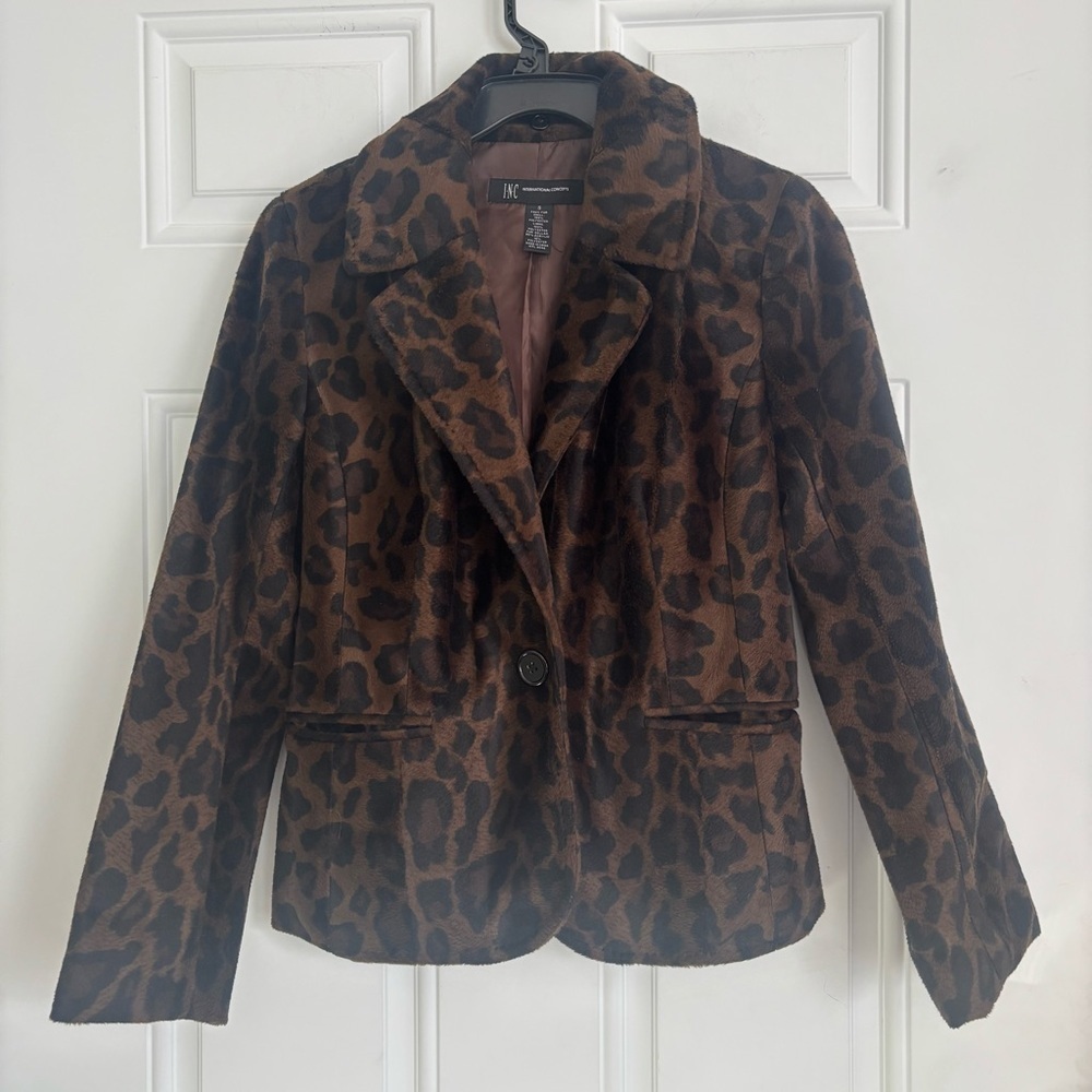 INC International Concepts Faux Fur Leopard Jacket, Size Small